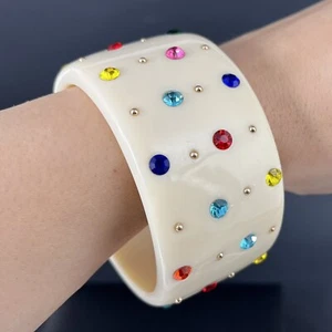 Wide Lucite Rhinestone Bangle Bracelet Cream Multicolor Studded Chunky Retro - Picture 1 of 6