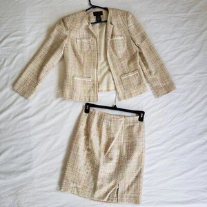 Laura Scott Petite Size 4P Tweed Pastel Cream Business Career Blazer Skirt Suit - Picture 1 of 11
