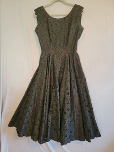 Black Eyelet Dress Red Lining Skater Rockabilly Goth 50s - Picture 1 of 13