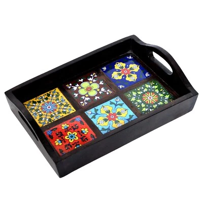 Wooden Serving Tray Tile-Fitted Serving Tray Coffee Serving Tray Unique Gift - Image 1 of 3