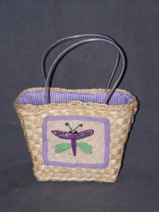 Sassy & Chic Purple & Green Dragonfly Straw Purse Hand Bag with Liner Easter - Picture 1 of 6