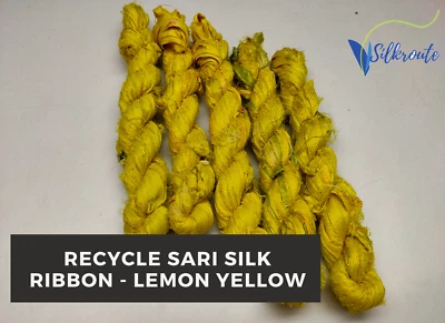 500 Gram of Recycled Sari Silk Ribbon - Lemon Yellow| Sari Silk Yarn | Sari Yarn - Image 1 of 4