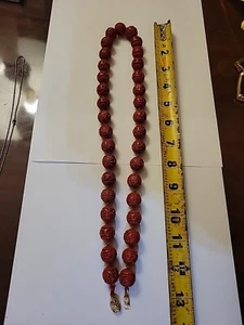 Vintage Chinese Cinnabar Carved Bead Necklace Approx 26” Length - Picture 1 of 4