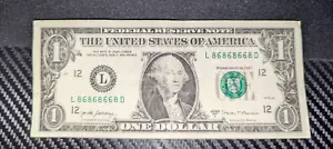 US. $1 Dollar Bill - Serial Number: L 86868668 D - Series 2017A (Extremely Rare) - Picture 1 of 2