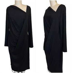 NWT Donna Karen Med Long Sleeve Asymmetric Draped Black Jersey Dress Orig $145