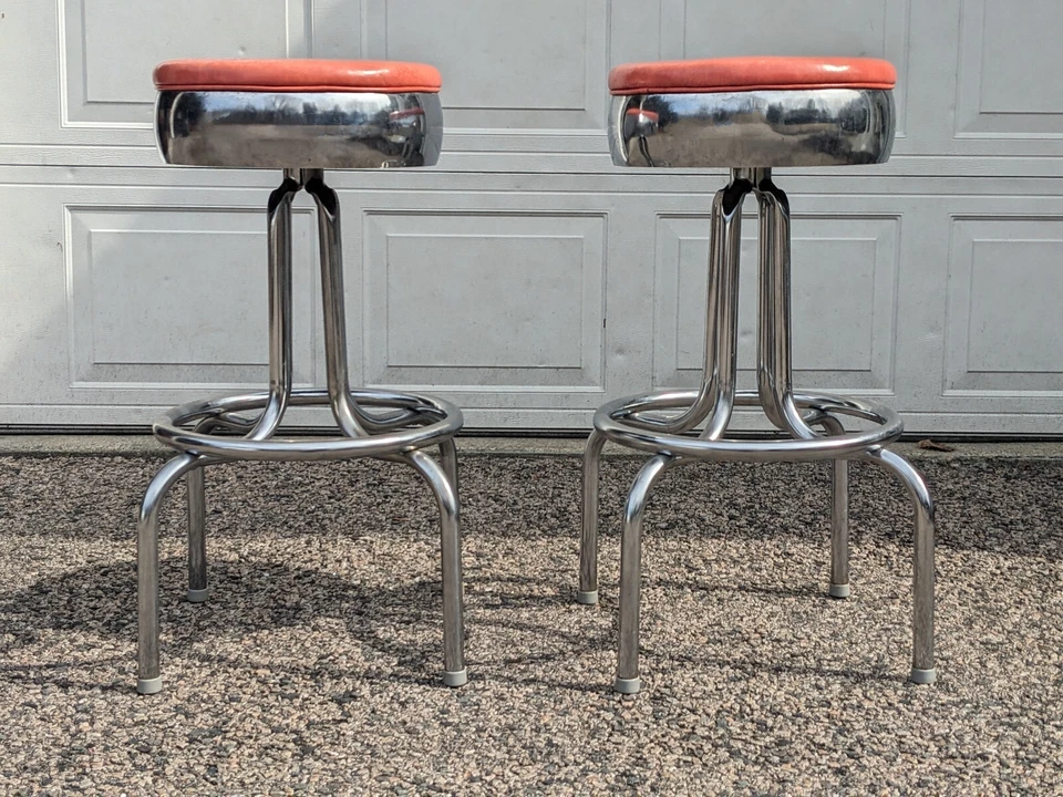 Pair of Vintage 1950s Vitro Bubble Chrome & Orange Vinyl Diner Swivel Stools - Image 1 of 4