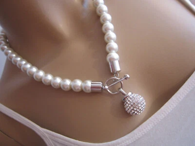 Strass Collier Damen Hals Kette Modekette kurz Perlen Weiss Silber Kugel Bling! - Bild 1 von 3