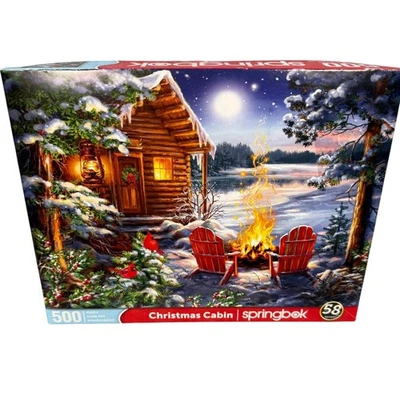 Springbok Christmas Cabin Jigsaw Puzzle 500 Piece Cozy Winter Scene Log Cabin - Image 1 of 4