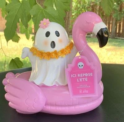 Summerween Fantasma Naranja Flor Lei con Flamenco Rosa Flotador Decoración Halloween Foto 1 de 4