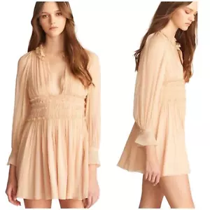 Rebecca Taylor NWT Long Sleeve Silk Chiffon Dress Size 8 Peach Ruffle Lace Sheer - Picture 1 of 15