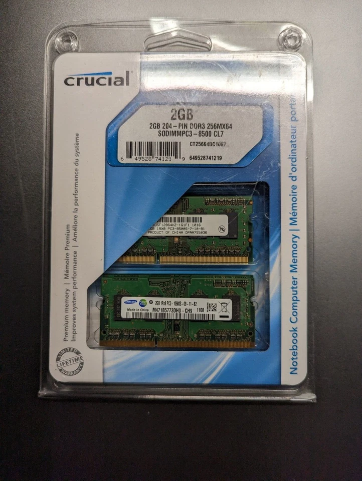 Crucial 4 GB 2x2GB DDR3 RAM Memory SODIMMPC3 8500 CL7 204 PIN 256MX64 - Image 1 of 1