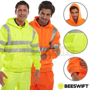 High Viz Vis Hooded Zip Sweatshirt Safety Work Reflective Jumper Hoodie Hi Vis - Picture 1 of 21