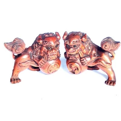 GX1152 - 20 岁 2 英寸手工雕刻方木 Netsuke - Foo 狗狮子一对 — 第 1/4 张图片