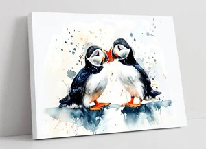 WATERCOLOUR PAINTING OF PUFFIN COUPLE -DEEP FRAMED CANVAS WALL ART PICTURE PRINT - Picture 1 of 2