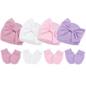 Baby Hats Newborn Girl Hat with Big Bow Cotton Baby Beanie Hat and Mitten Set... - Picture 1 of 6