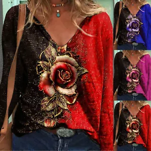 Womens Rose Gothic Tops Summer T Shirts Long Sleeve Ladies Casual Loose Blouse - Bild 1 von 14