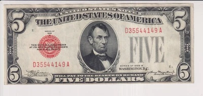 NOTA DE CINCO DÓLARES ESTADOS UNIDOS EUA SÉRIE 1928 B $5 NOTA SELO VERMELHO - Imagem 1 de 2
