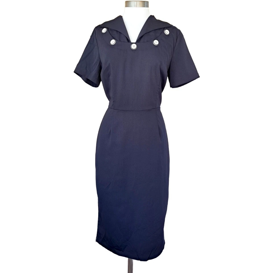 Vestido Lápiz Bettie Page Tatyana Retro Años 40 Azul Marino Botón Náutico XL Pinup Foto 1 de 4