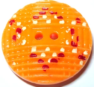 ANTIQUE ORANGE SHERBERT CHINA SEW THROUGH BUTTON w/RED & IVORY DOTS ~ 7/8" - Imagen 1 de 3