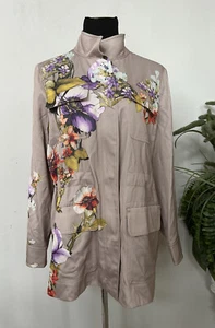 Chico's Satin Floral Buttercream Beige Zip Snap Front Utility Jacket Sz 2/L - Picture 1 of 7