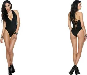 Forplay Swimwear Pebble Beach Halter Corset Back One Piece Monokini, Black - Picture 1 of 2