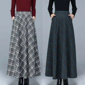 Women Faux Wool Skirt Check Tartan A-Line Pleated Warm Half Dress Pocket New - Picture 1 of 15