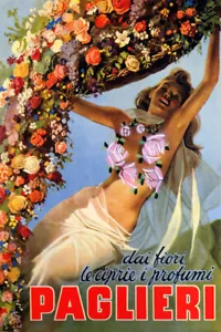 PAGLIERE DAI FIORI CIPRIE PROFUMI FLOWERS GIRL PERFUME ITALY VINT POSTER REPRO - Picture 1 of 3