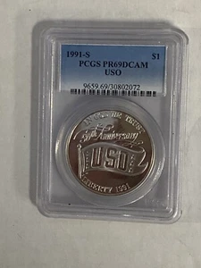 1991-S $1 USO 50th ANNIV PROOF SILVER DOLLAR MODERN COMMEM PCGS PR 69 DCAM - Picture 1 of 4