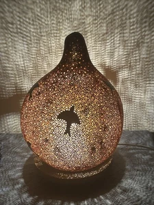 Handmade Gourd Lamp Shade With Base & Light 13” X 10” Table Lamp Bird Pattern - Picture 1 of 11