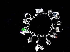 Estate Vtg 60s-90s GARDENING Silv Enam 12 CHARM BRACELET Garden TOOLS plants Bug - Picture 1 of 13