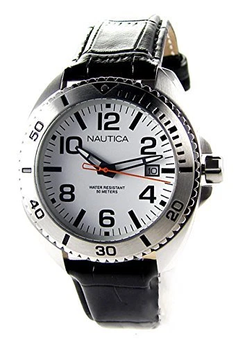 NEW-NAUTICA SILVER TONE SET,BLACK & BROWN LEATHER BAND,WHITE DIAL WATCH N11610G  - image 1 of 1