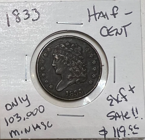 1833 Classic Head Copper Half Cent MINTAGE ONLY 103,000! Cover