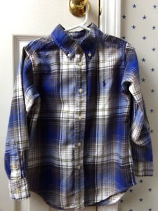 Ralph Lauren FLANNEL Dress Shirt 5 Boys BLUE Plaid $55 VTG Polo Button Up Cotton - Picture 1 of 18
