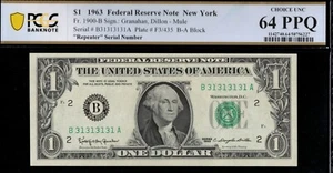 1963 $1 FRN B31313131A REPEATER P.C.G.S #64PPQ - Picture 1 of 3