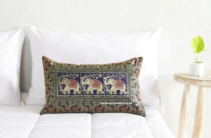 Indian Pillow Cover Elephant Brocade Silk Dark Blue Cushion Pillowcase Throw 20" - Picture 1 of 6