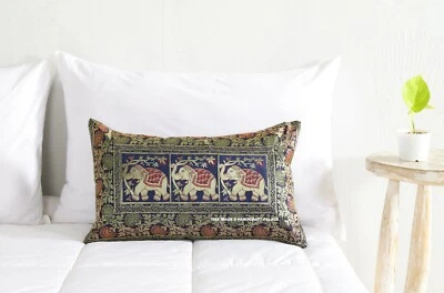 Indian Pillow Cover Elephant Brocade Silk Dark Blue Cushion Pillowcase Throw 20" - Image 1 of 4