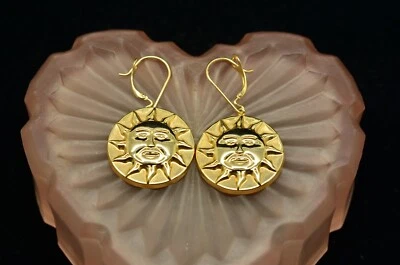 14K Yellow Gold Round Smiling Sun Face Dangling Leverback Earrings - Image 1 of 4