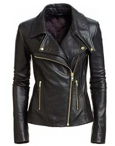 Chaqueta de cuero con cremallera dorada real negra negra para mujer - Imagen 1 de 2