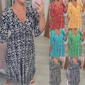 Womens Summer Maxi Dresses Plus Size V Neck Floral Seaside Holiday Casual Loose - Picture 1 of 19