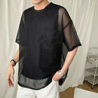 Mens 2Pcs Vest + T-Shirt Fishnet Mesh Tee Shirt Short Sleeve Top See-Through
