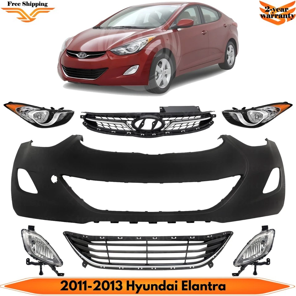 Front Bumper Cover Primed Plastic & Fog Lights Kit For 2011-2013 Hyundai Elantra Foto 1 de 4