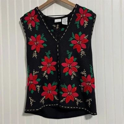 复古 Bobbie Brooks L Poinsettia 毛衣背心圣诞假日针织 Grandmacore — 第 1/4 张图片