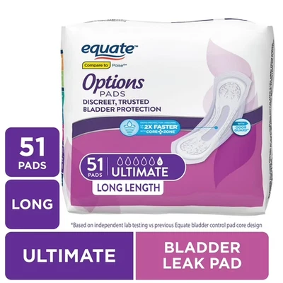 Equate Options Women's Incontinence Pads, Ultimate Absorbency, Long Length 51ct
