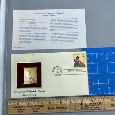 CENTENNIAL OLYMPIC GAMES 22kt Gold Stamp First Day Issue 32 Cent MEN'S ROWING - Image 1 of 4