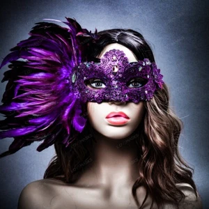 Purple Side Feather Venice Carnival Masquerade Venetian Mardi Gras Women Mask - Picture 1 of 8