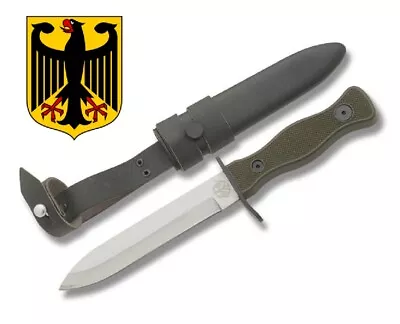 German Army Combat Fixed Blade Knife w/ Leather+Metal Sheath Bundeswehr Military - Image 1 of 4
