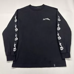 HUF Skull Tee Shirt Mens Medium Black Long Sleeve Finger Skate Logo Skeleton Y2K - Picture 1 of 14