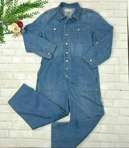 Madewell Blue Denim Relaxed Jumpsuit Coveralls Button Up Pockets Womens L