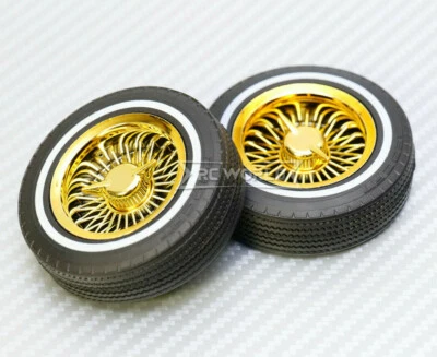 1/10 LOW RIDER White Wall RIMS + TIRES W Nut Covers (4PCS) Set -GOLD CHROME-  - Image 1 of 4