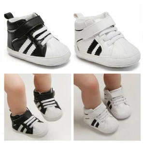 Newborn Baby Boy Girl Pram Shoes Infant White Black Sneakers Pre Walker Booties - Picture 1 of 5